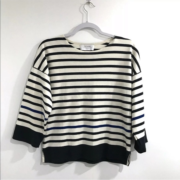 La Ligne Black Blue Striped 3/4 Sleeve Sweater